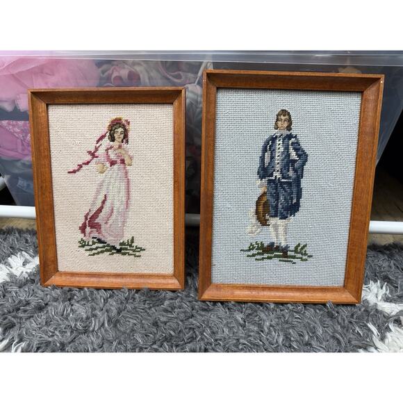 Vintage Pair Needlepoint Pictures Victorian Colonial Man and Woman Framed - Picture 1 of 7